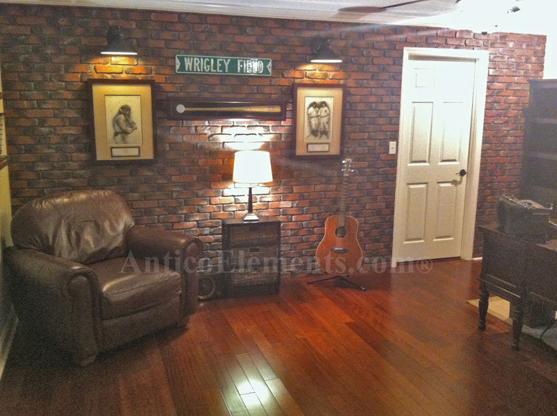 Installed brick panels in a man cave